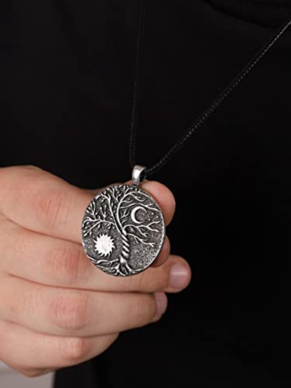 Tree of Life Pendant Necklace, Faux Leather Cord, Antique Silver Finish - Picture 4 of 5